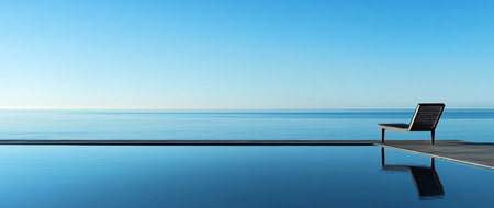 A minimalist photograph of an empty wooden sun lounger by the edge of a pool, overlooking the vast ocean under a clear blue sky. The water reflects the chair's silhouette, creating a serene and tranquil scene with a minimalistic composition. --ar 71:30 --v 6.1 Job ID: 632c04f9-299b-4f9c-96c1-369b4a50e101の素材