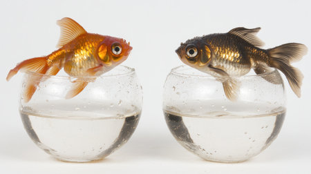A goldfish jumps from one fishbowl to another, against a white background, in a studio shot, stock photography, high resolution, high quality, high detail, super detailed, sharp focus, sharp details, high definition, with high natural light, bright colors, clean lines, with water drops on the glass bowl, reflection of sunlight in the bowl, soft shadows, no blur, no grainy textures, a professional photograph, taken by an award-winning photographer, suitable for a magazine cover, a close-up. --chaos 30 --ar 16:9 --v 6.1 Job ID: 17898cb1-70e7-46de-8a5b-7d3c2d22ec51の素材