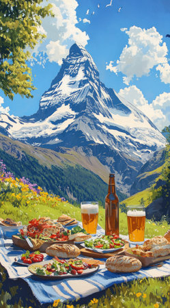 A picnic scene with a spread of beer, bread, and salad on a blanket in front of the Matterhorn mountain, painted in the style of Maxfield Parrish and Peter Wileman, visible brush strokes, wide shot, sunny day, blue sky, clouds, highly detailed, vibrant colors. --ar 71:128 --v 6.1 Job ID: a120faa5-a14a-4cd9-909e-4315dc36eac0の素材