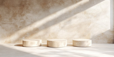 A minimalist background with three pedestals in shades of beige, arranged to create an empty space for product display. The shadows cast by the stage create intricate patterns on the wall behind it, adding depth and texture. Soft lighting highlights each marble surface, creating a serene atmosphere that's perfect as an e-commerce platform or branding presentation backdrop. --ar 2:1 --v 6.1 Job ID: 9e58458e-b96b-46b8-97de-94a41aeb5109の素材