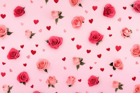 A pink background with small roses and hearts scattered around the edges, creating an elegant Valentine's Day backdrop. --ar 3:2 --v 6.1 Job ID: c75ed9ca-7fae-4e08-8f39-dbfefb7bc5afの素材