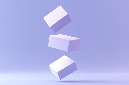 A minimalist, simple 3D illustration with very low details of three flat rectangular blocks stacked on top of each other in the air on a pale blue background. The scene is rendered using only light purple and white colors, creating an elegant atmosphere. This design emphasizes simplicity over detail for easy-to-understand symbols. --ar 23:15 --v 6.1 Job ID: 2bb7e12f-141c-4512-9eff-a79380ce2bf5の素材