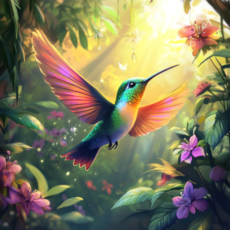 A beautiful hummingbird with iridescent feathers, hovering near vibrant flowers in the sunlit forest. In the style of Disney Pixar, cute cartoon character design, a cute and adorable bird illustration, game concept design, mobile game art style. --v 6.1 Job ID: 7316564c-9202-403c-b7f1-388de6104eddの素材