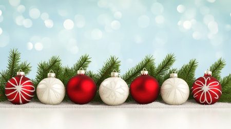 A festive Christmas background with snow-covered decorations, red and white ornaments, stars, and pine branches, creating an enchanting atmosphere for holiday designs. The background is light blue with bokeh lights and sparkles, providing room to add text or graphics. This backdrop makes it perfect as a festive card template, ideal for conveying the joy of winter, celebration, and twinkling lights. This is an ultra-realistic photograph captured in high-resolution 3D rendering, with commercial photography in bright natural lighting. --chaos 30 --ar 16:9 --v 6.1 Job ID: a5dda33d-58d4-4cbe-a91f-374b5fde5a98の素材