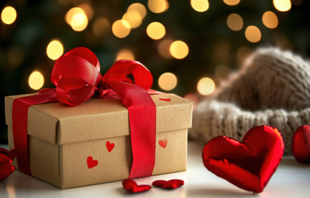 A gift box with a red ribbon and a heart on a white table, a cozy sweater in the background, and blurred, bokeh-like lights. This image represents the concept of Valentine's Day. --ar 47:30 --v 6.1 Job ID: 6bfbe5fa-f71e-4541-8e70-0ba349d6c87aの素材