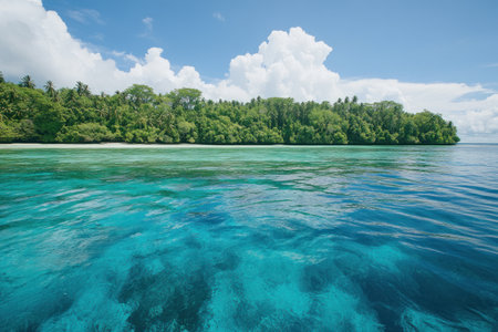 A photograph of the turquoise waters and pine trees on Nauru, taken from across clear blue sky with clouds. The water is crystal-clear, reflecting the lush greenery of surrounding forests. In sharp focus in front of the forested island are rows of towering pines reaching towards the sky. This picturesque scene captures the beauty of nature's palette on an isolated tropical land. Canon EOS-5D Mark III camera with EF lens, aperture f/8, ISO speed set to 400 for balanced exposure. --ar 3:2 --v 6.1 Job ID: 4a4ac609-5b6e-4aeb-96ce-da929070b39fの素材