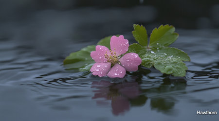 A pink flower with green leaves is floating on the water surface, and raindrops are dripping onto it. The background color of the photo is dark gray, and there are no other flowers or plants around. A white title "Hawthorn" has been written in the bottom right corner. This scene gives people an atmosphere full of calmness and tranquility. In springtime, when you look up from under the tree, the sky outside has turned into a deep blue, and it feels like you can feel your breath. --ar 128:71 --v 6.1 Job ID: d4d8b118-c962-4746-a56e-92982d8f63d3の素材