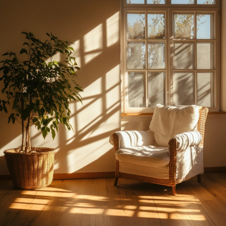 Photo of a cozy armchair in front of a large window with sunlight streaming through, creating soft shadows on the wall and floor. The chair is adorned with white cushions and sits next to an indoor plant basket, adding life to your home decor. 16:9 --chaos 30 --v 6.1 Job ID: 88c9395a-72e2-4216-914a-c3cd67ad29eeの素材