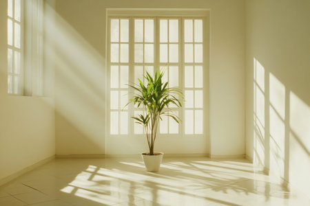 A bright, white room with a large window. A single plant stands in the center of the room, and sunlight streams through the windows onto the floor, creating long shadows on the tile flooring. The room is clean and minimalist, embodying an elegant aesthetic. --ar 3:2 --v 6.1 Job ID: 88611b9e-4da5-4bfe-aa79-ba1991cd5a89の素材