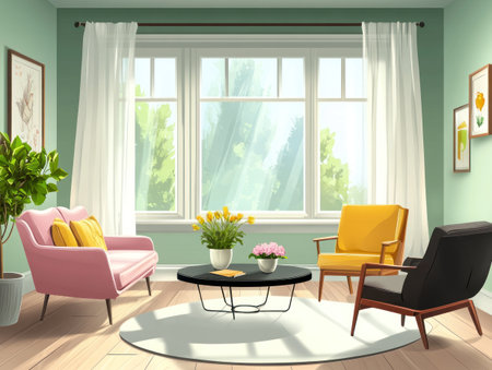 A modern living room with light green walls, a wooden floor, and white curtains. There is an elegant sofa in a pastel pink color, and two armchairs with yellow cushions for seating guests or relaxing after work during the day. A round coffee table stands near the large windows. The picture has a realistic style and high resolution. It also includes a decorative frame around one of the windows, which adds to its beauty. In front, there's another chair, a small black bench-like structure that resembles a throne. --ar 4:3 --v 6.1 Job ID: 52a6de21-ce09-441e-a924-7099a77d7039の素材