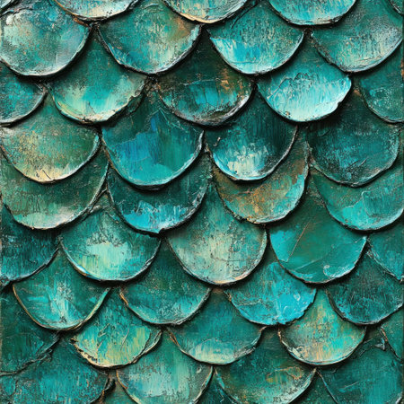 A pattern of turquoise dragon scales, painted in oil with thick brush strokes. The scales have an iridescent sheen and appear to be made from clay or plaster. They form a dense array on the surface, resembling roof shingles. Each scale is in varying shades of greenish-blue, with some showing signs of wear and tear. In the background, there are abstract shapes that resemble floating clouds or misty hills. This scene creates a sense of depth and texture within the canvas. --v 6.1 Job ID: a15e57a0-7131-4bad-9be1-8c120615c9bdの素材