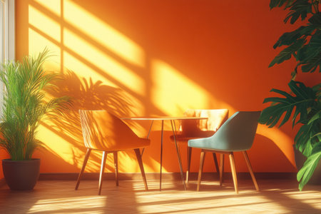 A modern room with orange walls, sunlight shining through the window onto an empty table and chairs. The colors of the furniture contrast beautifully against the bright orange wall. There is also greenery in pots placed around the space. This scene creates a vibrant atmosphere that makes it feel like you can almost touch the light rays. --ar 3:2 --v 6.1 Job ID: facbe15c-7c18-4012-9b00-c8cb3a5f73d1の素材