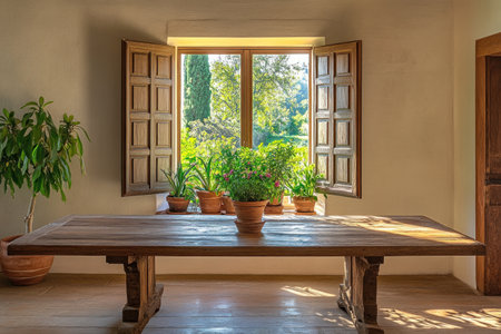 Wooden table with plants and a window in the background, with sunlight streaming in. --ar 3:2 --v 6.1 Job ID: 9d896127-5724-4d4b-b139-76ef86837b1bの素材