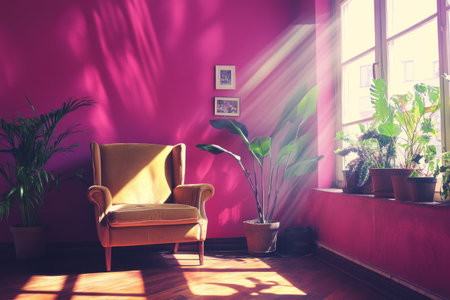 A modern room with magenta walls, a window to the right of which there is an armchair and potted plants in vases on each side of it. Sunlight shines through the windows, providing bright lighting. --ar 3:2 --v 6.1 Job ID: bbf7183d-5300-4310-a675-8f89c5976ad1の素材