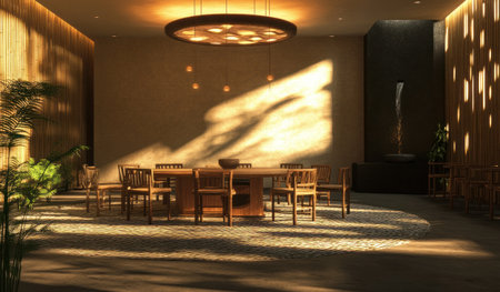 A Chinese restaurant with a dining area featuring a bamboo wall, a circular chandelier above the table, a carpet with geometric patterns on top of it, chairs around round wooden tables, a black stone feature in the corner, natural light casting long shadows, and a modern, minimalist decor with warm lighting. --ar 17:10 --v 6.1 Job ID: 13ae3413-c99a-4f2b-916f-f7747cb5f5e3の素材