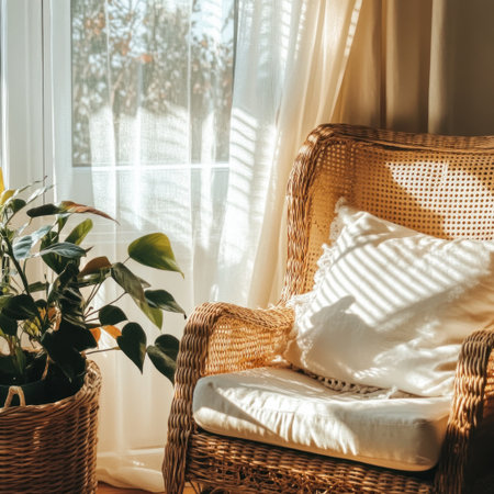 Photo of a cozy armchair in front of a large window with sunlight streaming through, creating soft shadows on the wall and floor. The chair is adorned with white cushions and sits next to an indoor plant basket, adding life to your home decor. 16:9 --chaos 30 --v 6.1 Job ID: 88c9395a-72e2-4216-914a-c3cd67ad29eeの素材