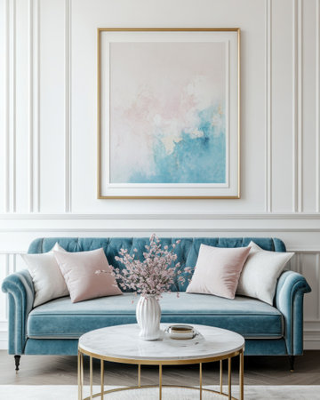 A vertical frame mockup in an elegant, modern living room with a blue velvet sofa, white walls, and a round coffee table. The space has a cozy atmosphere with pastel colors, creating a photorealistic scene. --ar 4:5 --v 6.1 Job ID: 3cbcc1c7-8f51-4df2-9f5b-764bc314bd4fの素材