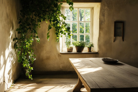 Wooden table with plants and a window in the background, with sunlight streaming in. --ar 3:2 --v 6.1 Job ID: 9d896127-5724-4d4b-b139-76ef86837b1bの素材