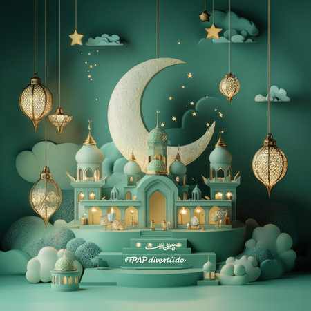 3D scene design, ramadan moon with mosque and lanterns and stars, text " FPAP divertido ", green color palette, crescent moon in the middle of composition, with Ramadan happy message on bottom , ramadhan theme, detailed illustration, high resolution photography, hyperdetailed --v 6.1 Job ID: c3f2045b-47cd-4ccb-ae34-1ef3c4d3a1eaの素材