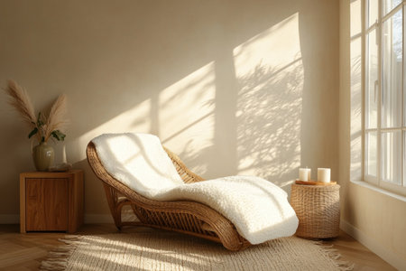 A minimalist Japandi-style living room with light beige walls, a large window on the right side of the frame, and sun rays shining in from the left, illuminating a small wicker floor cushion chair shaped like an oversized chaise lounge placed near the center of the wall. A white fluffy throw blanket is draped over the armrests, and a wooden nightstand beside it holds a potted plant and a candle. A textured rug is beneath the furniture, and the room is filled with natural lighting, captured in a professional photograph. --ar 3:2 --v 6.1 Job ID: 72d8dfdb-92f4-4839-9d6a-2fa0c90d2a1bの素材