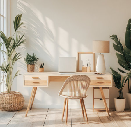 A clean, modern home office with white walls and light wood accents. A large desk is adorned with multiple drawers on one side for storage. The other half of the desk has an open space where you can place items or use as a workspace. There's also a chair in front of it. On each end, there's a potted plant to add some greenery. In the background, there is another wall that could be used for branding or advertising if needed. --ar 31:30 --v 6.1 Job ID: d6046d2d-8bae-4519-8a0d-89eb2ad5526cの素材