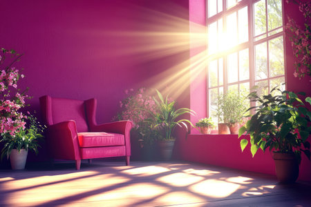 A modern room with magenta walls, a window to the right of which there is an armchair and potted plants in vases on each side of it. Sunlight shines through the windows, providing bright lighting. --ar 3:2 --v 6.1 Job ID: bbf7183d-5300-4310-a675-8f89c5976ad1の素材