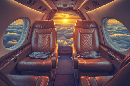 Photograph of the interior view of a private jet with leather seats and a large window looking out at clouds, with warm lighting, creating a cinematic atmosphere. --ar 3:2 --v 6.1 Job ID: 5977c45c-7f03-4526-89d8-6997ac492919の素材
