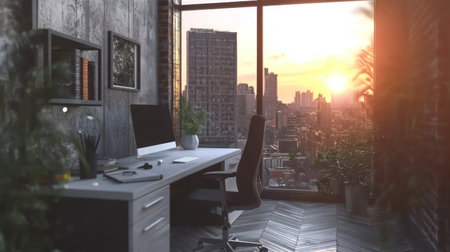 Modern office interior with glass walls, white desk, and a black chair near a window overlooking a cityscape. A grey concrete wall with a herringbone parquet floor. --chaos 30 --ar 16:9 --v 6.1 Job ID: 6fbf8643-a96a-4911-aefd-0c3f6a3cd4f3の素材