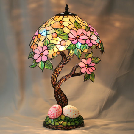 A beautiful stained glass lamp depicting an Easter tree with eggs, in pastel colors, featuring pink and white flowers. --v 6.1 Job ID: 3a7ad4c3-d3b5-418b-b7f3-b424fe0a659dの素材