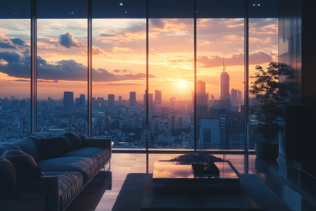 Stunning view of Tokyo from the living room at sunset. The high-rise apartment's interior design features glass windows, a sofa, and a coffee table in front of the window. The large floor-to-ceiling window offers a panoramic view of the city skyline outside. This interior photography has an architectural digest editorial style, with an ultra-realistic, cinematic, and hyperrealistic appearance, and professional color grading. --ar 3:2 --v 6.1 Job ID: 1f38ecf9-434a-4479-8932-7c881dfb739aの素材