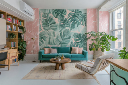 A pastel blue and pink living room with an accent wall covered in monstera leaf wallpaper, featuring lush greenery patterns that add life to the space. A plush teal sofa sits beside a light gray chair adorned with soft fabric. The floor is painted white for contrast against the warm tones of pinks and greens, creating a harmonious blend of colors. On one side stands a rustic wooden table filled with plants and books, while in another corner lies a modern desk setup. --ar 3:2 --v 6.1 Job ID: cd23e154-96b4-48ca-bd6b-0666b0b84b58の素材