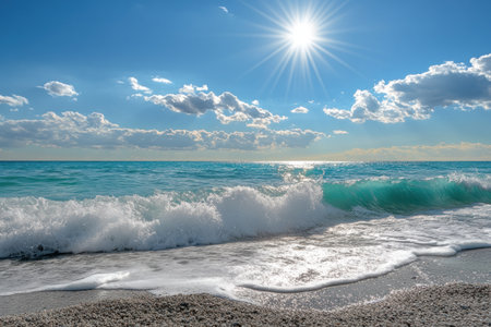 A beautiful turquoise wave with the sun shining in front of it, creating an atmosphere of lightness and tranquility on a sunny day at sea. The scene features sunlight, sun reflection, sun rays, a blue sky, and a beach background, captured through photorealistic photography using a wide-angle lens, high resolution, high detail, sharp focus, and HDR techniques. --ar 3:2 --v 6.1 Job ID: 6ddd652f-d626-4acf-8782-8b563d348a2eの素材