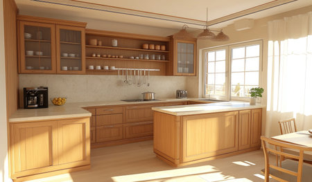 3d rendering of modern kitchen with wooden cabinets and marble countertop, there is an island in the center that has no counter top. The light wood color accentuates its natural beauty. There's a built-in coffee machine on one side of cabinet, and glass shelves hanging above cabinet. On right wall thereâs window with white curtain. A dining table can be seen at corner of room. Minimalist style. Bright lighting atmosphere. Realistic details. Detailed texture. High resolution. Hyper realistic. --ar 17:10 --v 6.1 Job ID: 0fd0c629-4a24-4570-a91b-85193bd06bd0の素材