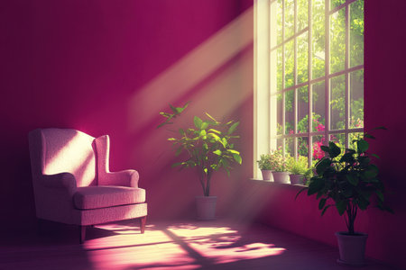 A modern room with magenta walls, a window to the right of which there is an armchair and potted plants in vases on each side of it. Sunlight shines through the windows, providing bright lighting. --ar 3:2 --v 6.1 Job ID: bbf7183d-5300-4310-a675-8f89c5976ad1の素材