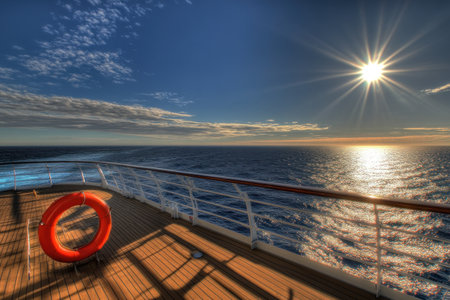 The deck of the cruise ship is adorned with a red life ring, offering an expansive view over the endless ocean waves under clear blue skies. Sunlight glistens on the water's surface as it dances across the distant horizon, creating a serene and breathtaking scene that captures nature at its most enchanting. The photograph highlights the beauty of sea-inspired travel through an inviting and picturesque perspective from one side of your living space. --ar 3:2 --v 6.1 Job ID: 474a77d6-880a-4d7c-b0d0-1f62655c8350の素材