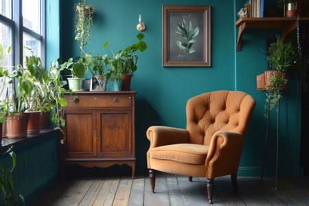 A photo of an armchair and sideboard in the corner, with teal walls and wooden floors. The room has plants on stands for decoration. A leather chair is placed next to it. --ar 3:2 --v 6.1 Job ID: 28648bb0-1ebe-480a-8347-9219288f1895の素材