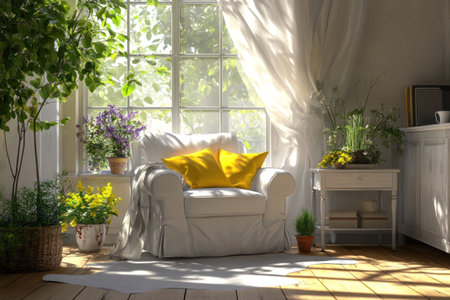 A bright and airy room with large windows, a white armchair adorned with yellow pillows, potted plants on the side table, and wooden flooring. The scene is captured in high resolution, showcasing the natural light streaming through the window, creating an atmosphere of tranquility and comfort. In the style of photorealistic. --ar 3:2 --v 6.1 Job ID: 2fcc914e-0954-4dc3-841e-278d667ff351の素材