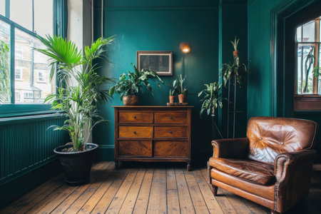 A photo of an armchair and sideboard in the corner, with teal walls and wooden floors. The room has plants on stands for decoration. A leather chair is placed next to it. --ar 3:2 --v 6.1 Job ID: 28648bb0-1ebe-480a-8347-9219288f1895の素材