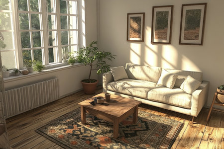 Sofa, coffee table, and rug in a Scandinavian-style home living room with a wooden floor and window. --ar 3:2 --v 6.1 Job ID: d912ab69-5a60-4a09-923e-82d491497321の素材