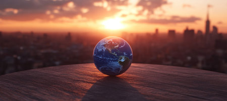 A blue Earth with the sun rising in front of it on an old wooden table, symbolizing hope and new beginnings for World Earth Day. The background is a blurred cityscape at dawn, representing global environmental awareness. The planet's surface has detailed textures that give depth to its appearance. --ar 67:30 --v 6.1 Job ID: b7dd768a-6c12-47e0-85ef-287ec0817e13の素材