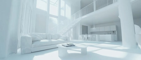 3D rendering of a white modern interior design with a sofa and table, chairs, and a kitchen on the second floor in an apartment. A bright room with large windows. Wide-angle lens. Minimalist style. The walls are all painted white. A staircase leads to one side of it. There is an open space at its center that appears as if you can see into another part of the home. In front, there's a coffee table with some books on top. --ar 7:3 --v 6.1 Job ID: a81dd7e9-0197-4585-a5d2-09ec96ff539aの素材