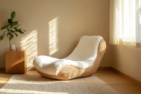 A minimalist Japandi-style living room with light beige walls, a large window on the right side of the frame, and sun rays shining in from the left, illuminating a small wicker floor cushion chair shaped like an oversized chaise lounge placed near the center of the wall. A white fluffy throw blanket is draped over the armrests, and a wooden nightstand beside it holds a potted plant and a candle. A textured rug is beneath the furniture, and the room is filled with natural lighting, captured in a professional photograph. --ar 3:2 --v 6.1 Job ID: 72d8dfdb-92f4-4839-9d6a-2fa0c90d2a1bの素材