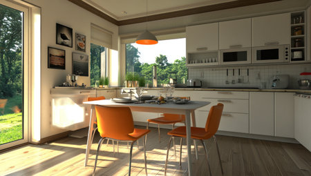 White kitchen with a wooden floor, dining table and chairs, a window, in a modern style, with white cabinets, orange chair backrests, a pendant light, and bright lighting. The white walls, white cabinets, and white tiles contrast with the glass windows overlooking the green landscape outside. This is an unreal engine rendering, a 3D rendering. --ar 53:30 --v 6.1 Job ID: 6b7c911e-dec1-49d6-907e-448847aa5420の素材