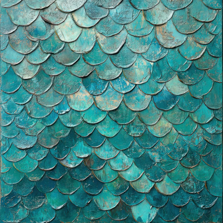 A pattern of turquoise dragon scales, painted in oil with thick brush strokes. The scales have an iridescent sheen and appear to be made from clay or plaster. They form a dense array on the surface, resembling roof shingles. Each scale is in varying shades of greenish-blue, with some showing signs of wear and tear. In the background, there are abstract shapes that resemble floating clouds or misty hills. This scene creates a sense of depth and texture within the canvas. --v 6.1 Job ID: a15e57a0-7131-4bad-9be1-8c120615c9bdの素材