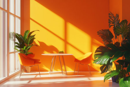 A modern room with orange walls, sunlight shining through the window onto an empty table and chairs. The colors of the furniture contrast beautifully against the bright orange wall. There is also greenery in pots placed around the space. This scene creates a vibrant atmosphere that makes it feel like you can almost touch the light rays. --ar 3:2 --v 6.1 Job ID: facbe15c-7c18-4012-9b00-c8cb3a5f73d1の素材