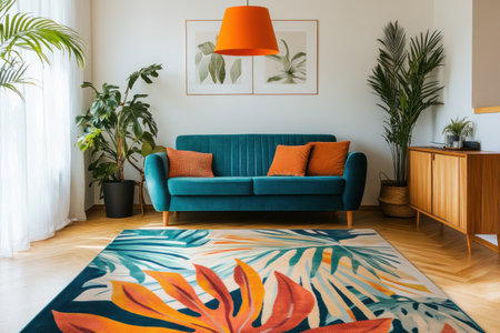 Vibrant tropical leaf rug in a mid-century modern home interior with a teal sofa, wooden sideboard, and an orange pendant lamp. White walls, wood floor, greenery decor, plants, and a retro design style, a mock-up room template for advertising. --ar 3:2 --v 6.1 Job ID: da20f29a-5f02-4a14-a642-db9ddabd70f4の素材