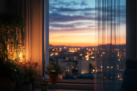 View from the window of an apartment overlooking a night city, with a sunset in the sky, lights on the buildings, and plants and potted flowers near the windowsill. A large panoramic glass door with frameless rounded edges is present. This is a photo-realistic, high-resolution photograph with professional color grading, soft shadows, no contrast, clean sharp focus, and a bokeh background, resulting in a cinematic photography style. --ar 3:2 --v 6.1 Job ID: 2766cccc-b6a8-4d12-8688-a4ded1ce71a1の素材