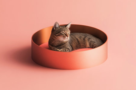 3D render of a minimalistic round cat bed made from copper on a solid color background, isometric view, in the style of minimalist style. --ar 3:2 --v 6.1 Job ID: 11b9898c-4dee-4a3a-85a7-4c58d3ade373の素材