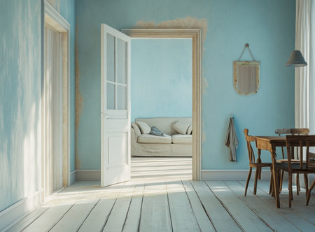 Scandinavian-style living room with a wooden floor, light blue walls, and a sofa in the center of the picture. A dining table is on the right side, and a hallway with an open door is on the left. The image is photo-realistic. --ar 41:30 --v 6.1 Job ID: a3515332-86b7-4081-9cac-1549f158d45aの素材