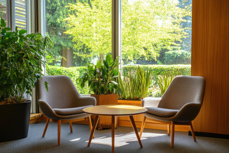 A cozy seating area in an office with wooden walls, large windows showcasing the greenery outside, and two comfortable chairs around a round table. The space is well-lit by natural light from the windows, creating a warm atmosphere for reflection or collaboration. A few potted plants add to the eco-friendly vibe of the setting. --ar 3:2 --v 6.1 Job ID: a169eb88-f59f-48ec-8bdf-6807b83c72f1の素材